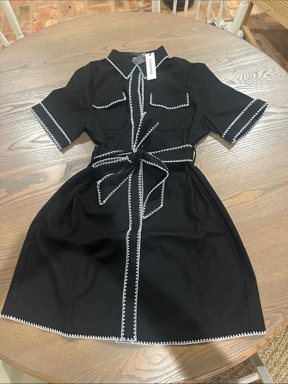 Commense Black Dress with White Trim and Self Tie Belt